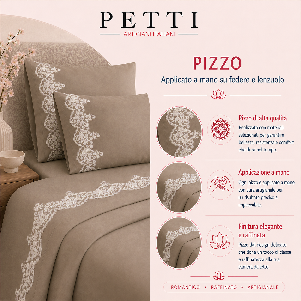 Lenzuola Percalle con Pizzo, Lenzuola Matrimoniali Cotone Cipria