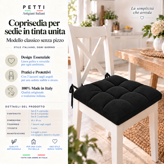 Cuscini per Sedie Coprisedia Shabby Chic Tinta Unita Nero