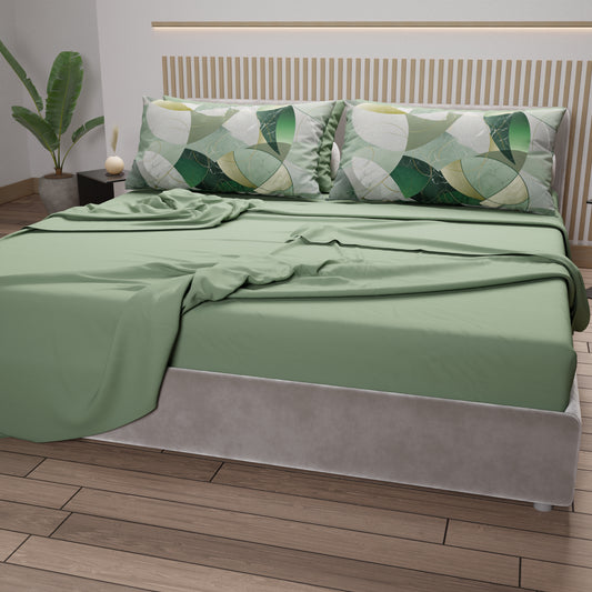 Lenzuola in Cotone, Completo Letto con Federe in Stampa Digitale Geo Cerchio Salvia