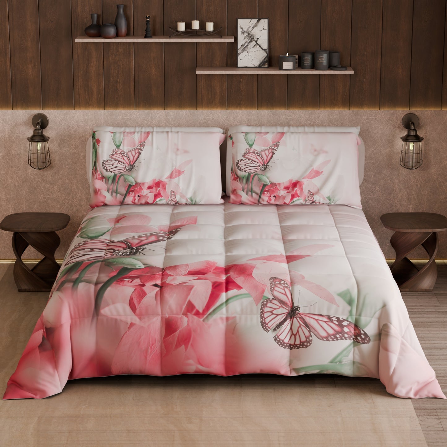 Piumone, Trapunta Matrimoniale, Singola, Piazza e Mezza, Roses Butterfly