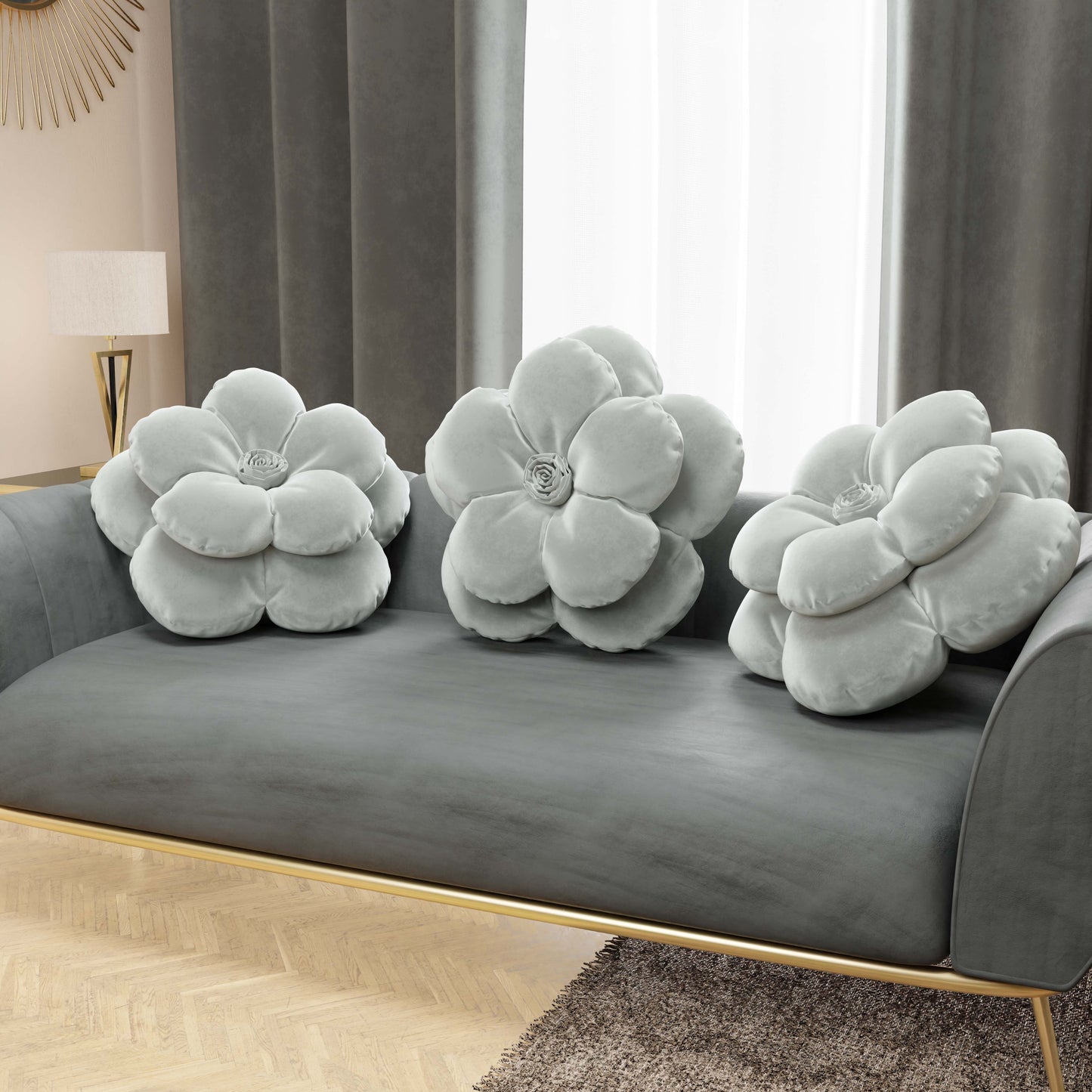 Coussin décoratif fleur gris clair