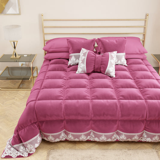 Trapunta Invernale in Morbido e Caldo Velluto e Balza con Pizzo Rebrodè Fucsia By Sissy