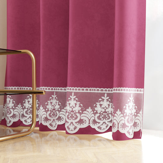 Tenda a Pannello in Velluto per Interni con Anelli e Pizzo Rebrodè, 140x280 cm, Fucsia by Sissy