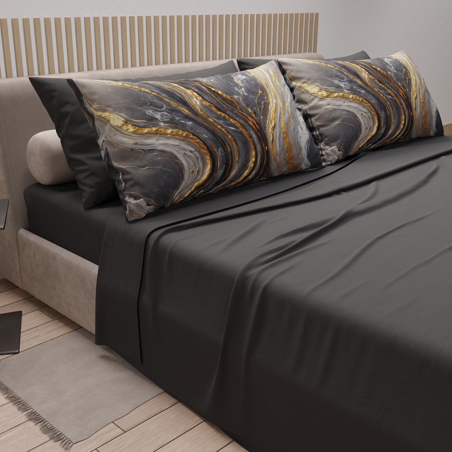 Draps en Coton, Parure de Lit avec Taies d'Oreiller en Impression Digitale Marbre Gris Foncé