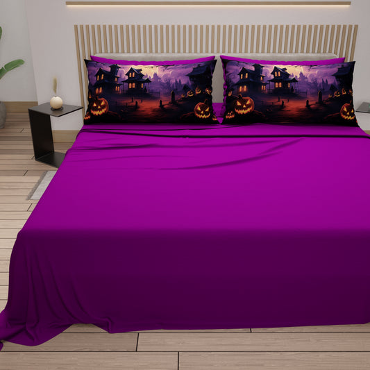 Lenzuola in Cotone, Completo Letto con Federe in Stampa Digitale Halloween 06 Prugna.