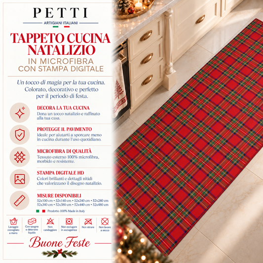 Tappeto Cucina Natalizio Antiscivolo Passatoia Natalizia Cucina lavabile Fiocco Tartan, Fantasia Scozzese