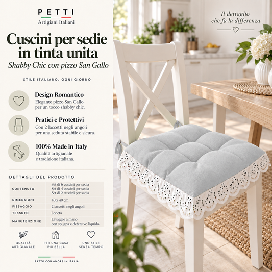 Cuscini per Sedie Quattro Punti in Tinta Unita Shabby Chic con Pizzo San Gallo Grigio Chiaro