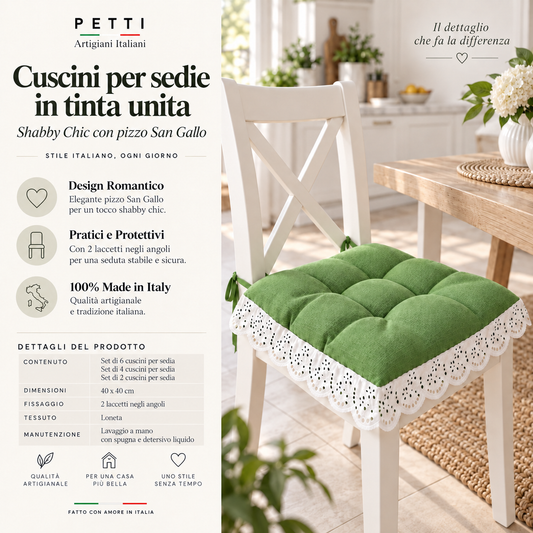 Cuscini per Sedie Quattro Punti in Tinta Unita Shabby Chic con Pizzo San Gallo Verde