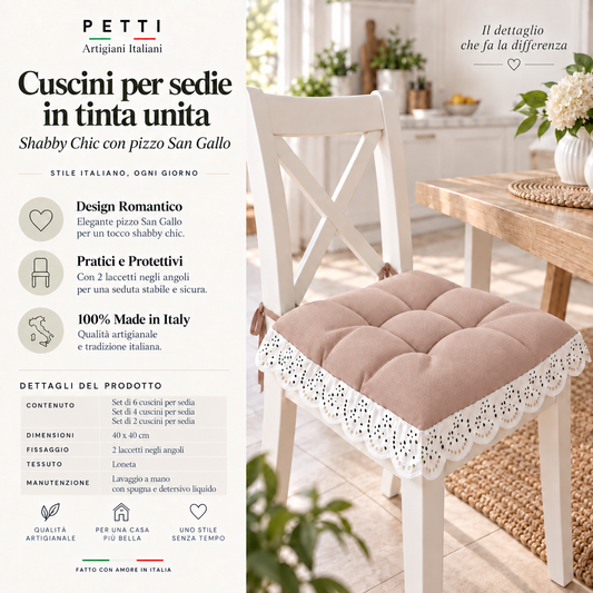 Cuscini per Sedie Quattro Punti in Tinta Unita Shabby Chic con Pizzo San Gallo Cipria
