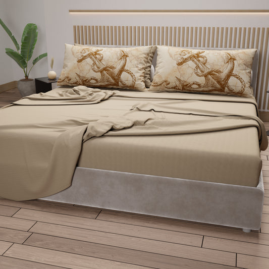 Lenzuola in Cotone, Completo Letto con Federe in Stampa Digitale Sailor 13 Beige