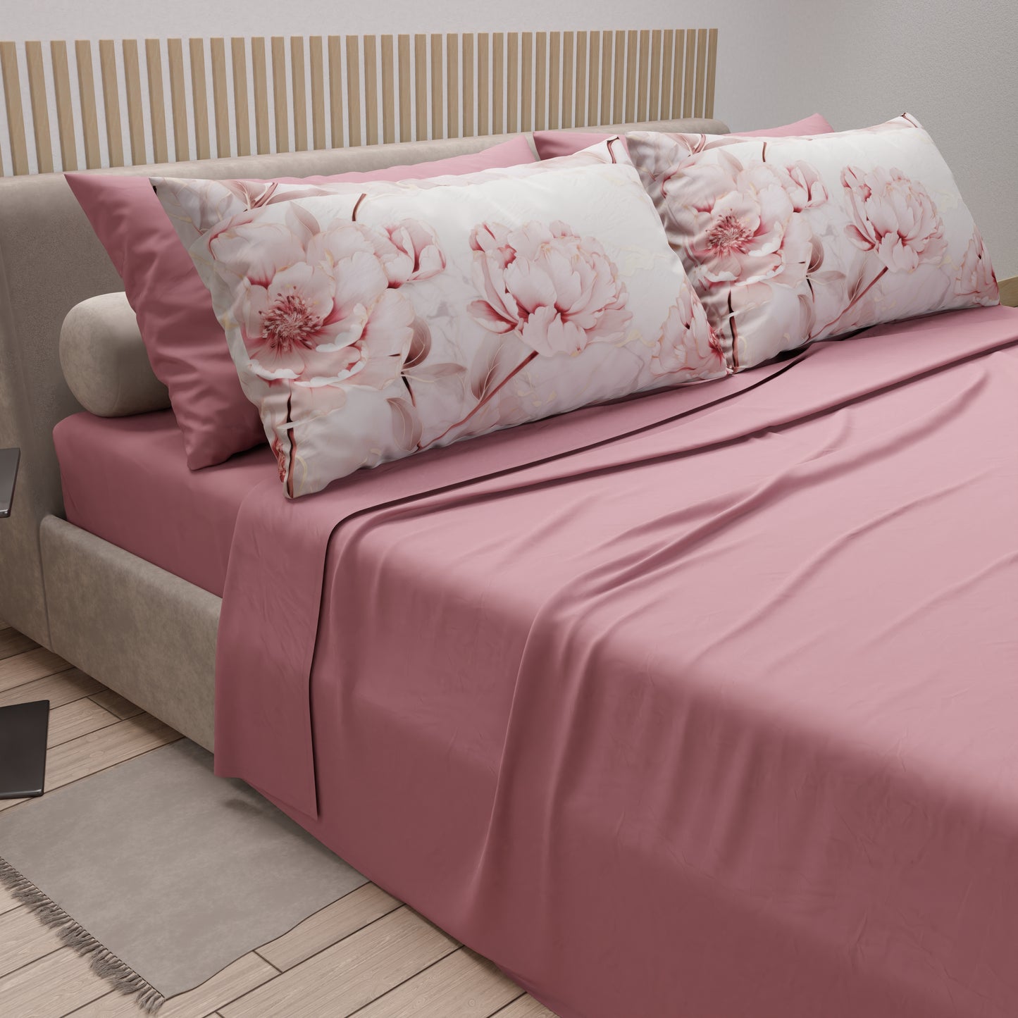 Lenzuola in Cotone, Completo Letto con Federe in Stampa Digitale Floreale Mar-25 Cipria Scuro