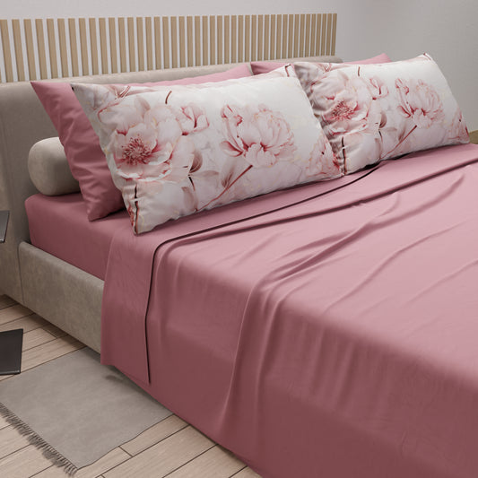 Draps en Coton, Parure de Lit avec Taies d'Oreiller en Impression Digitale Florale Mar-25 Rose Foncé