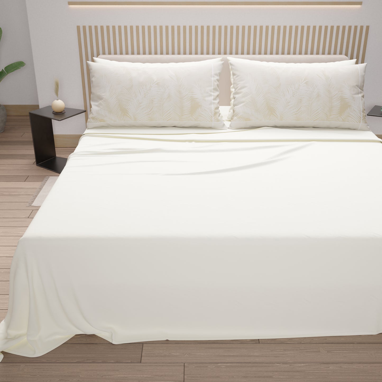 Draps en Coton, Parure de Lit avec Taies d'Oreiller en Impression Numérique Feuille Taupe