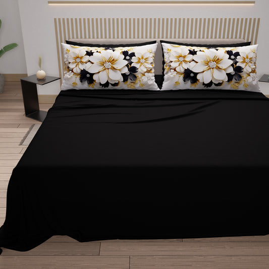 Draps en Coton, Parure de Lit avec Taies d'Oreiller en Impression Numérique Flower Ceramic Noir
