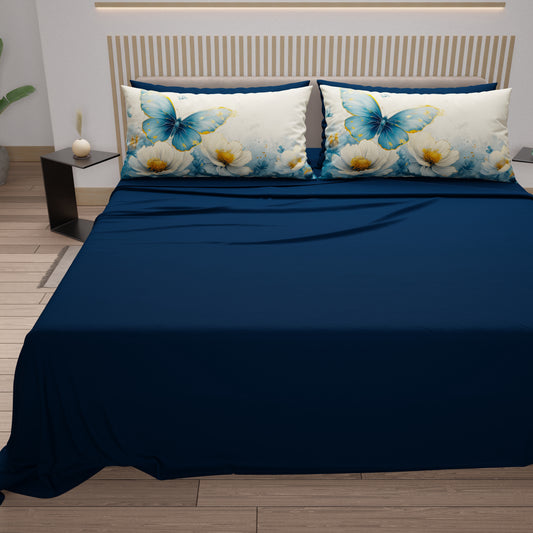 Lenzuola in Cotone, Completo Letto con Federe in Stampa Digitale Mariposa 04 Celeste
