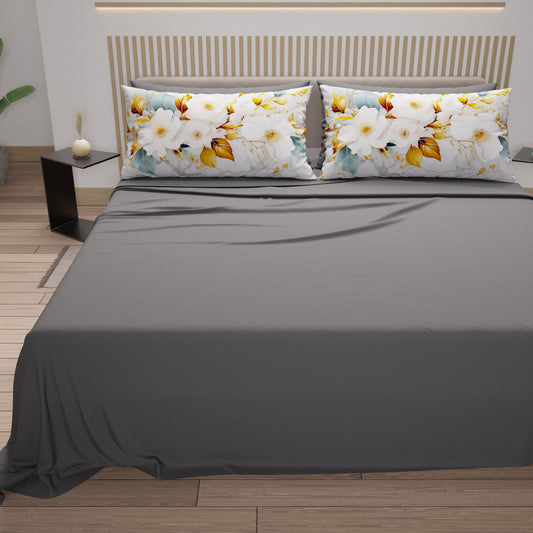 Lenzuola in Cotone, Completo Letto con Federe in Stampa Digitale Flower Ceramic 01 Grigio Scuro