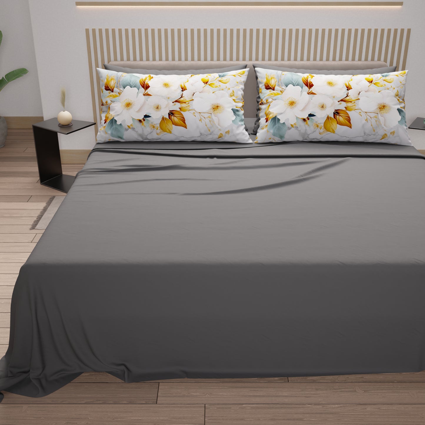 Lenzuola in Cotone, Completo Letto con Federe in Stampa Digitale Flower Ceramic 01 Grigio Scuro