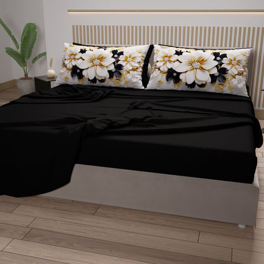 Draps en Coton, Parure de Lit avec Taies d'Oreiller en Impression Numérique Flower Ceramic Noir