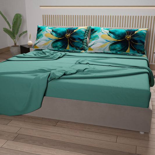 Lenzuola in Cotone, Completo Letto con Federe in Stampa Digitale Marble Flower 09 Ottanio