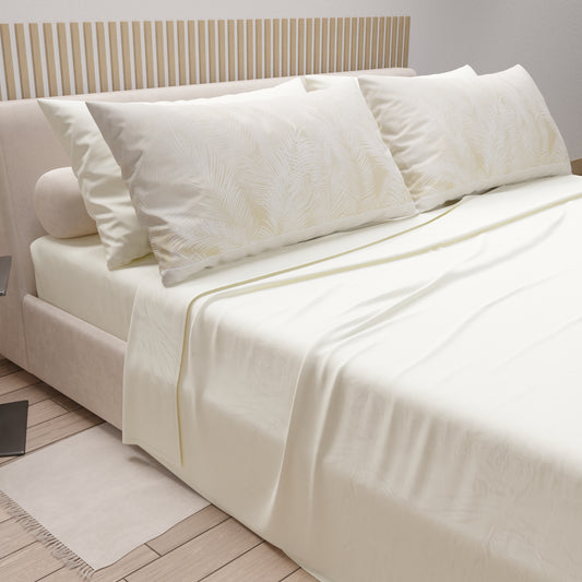 Draps en Coton, Parure de Lit avec Taies d'Oreiller en Impression Numérique Feuille Taupe