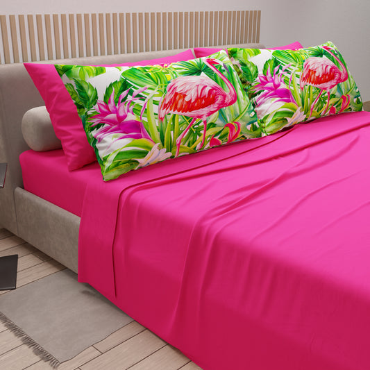 Draps en Coton, Parure de Lit avec Taies d'Oreiller en Impression Numérique Flamant