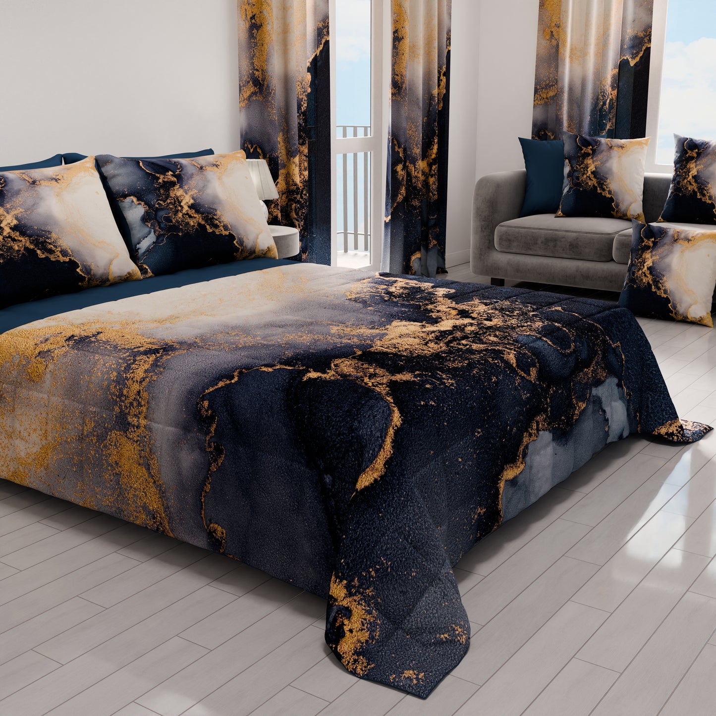 Trapuntino Copriletto Primaverile Autunnale in Stampa Digitale Marble 08 Blu