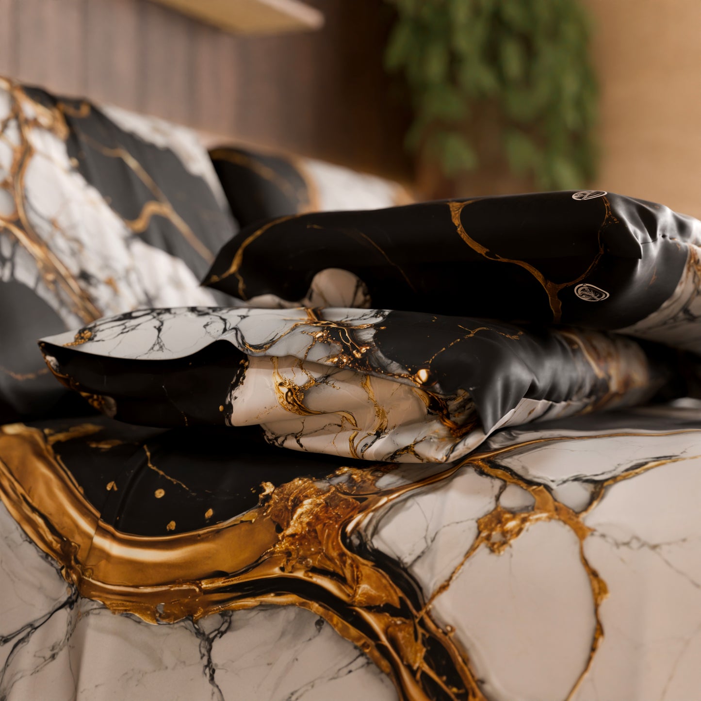 Drap housse, dessus de lit et taies d'oreiller élégants effet marbre noir blanc - GILDENITE