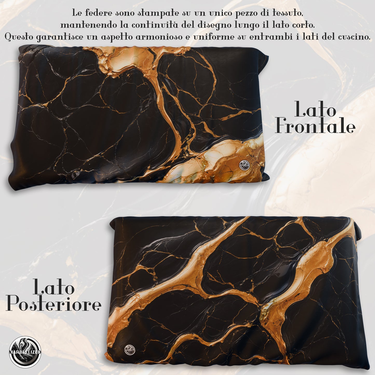 Paire de Taies d'Oreiller Élégantes Effet Marbre Noir Or