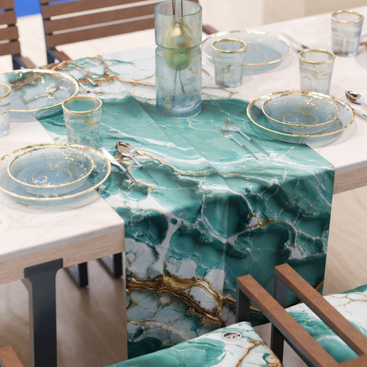 Runner effetto marmo Aquatique sul tavolo, ambiente cucina moderna
