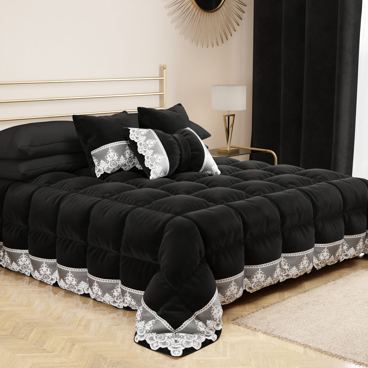 Coussin décoratif nœud en velours avec volant et dentelle rebrodée 40x50 cm, coussin de canapé noir par Sissy