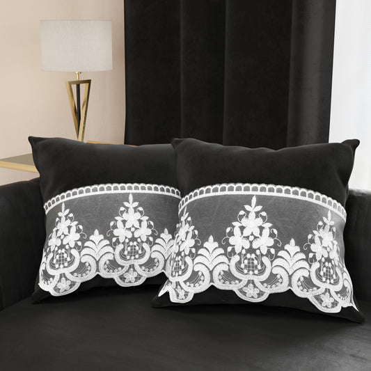 Coussins décoratifs en velours avec volant et dentelle rebrodée 2pcs, coussins de canapé noir par Sissy