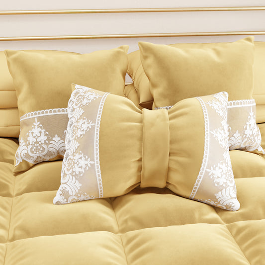 Cuscino Arredo Fiocco in Velluto e Balza con Pizzo Rebrodè 40x50 cm, Cuscino divano Oro By Sissy