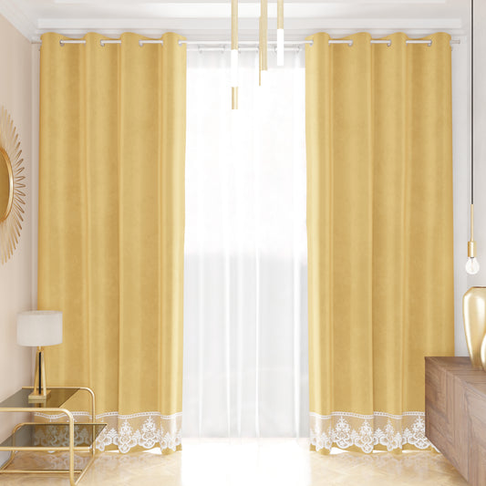 Tenda a Pannello in Velluto per Interni con Anelli e Pizzo Rebrodè, 140x280 cm, Oro by Sissy