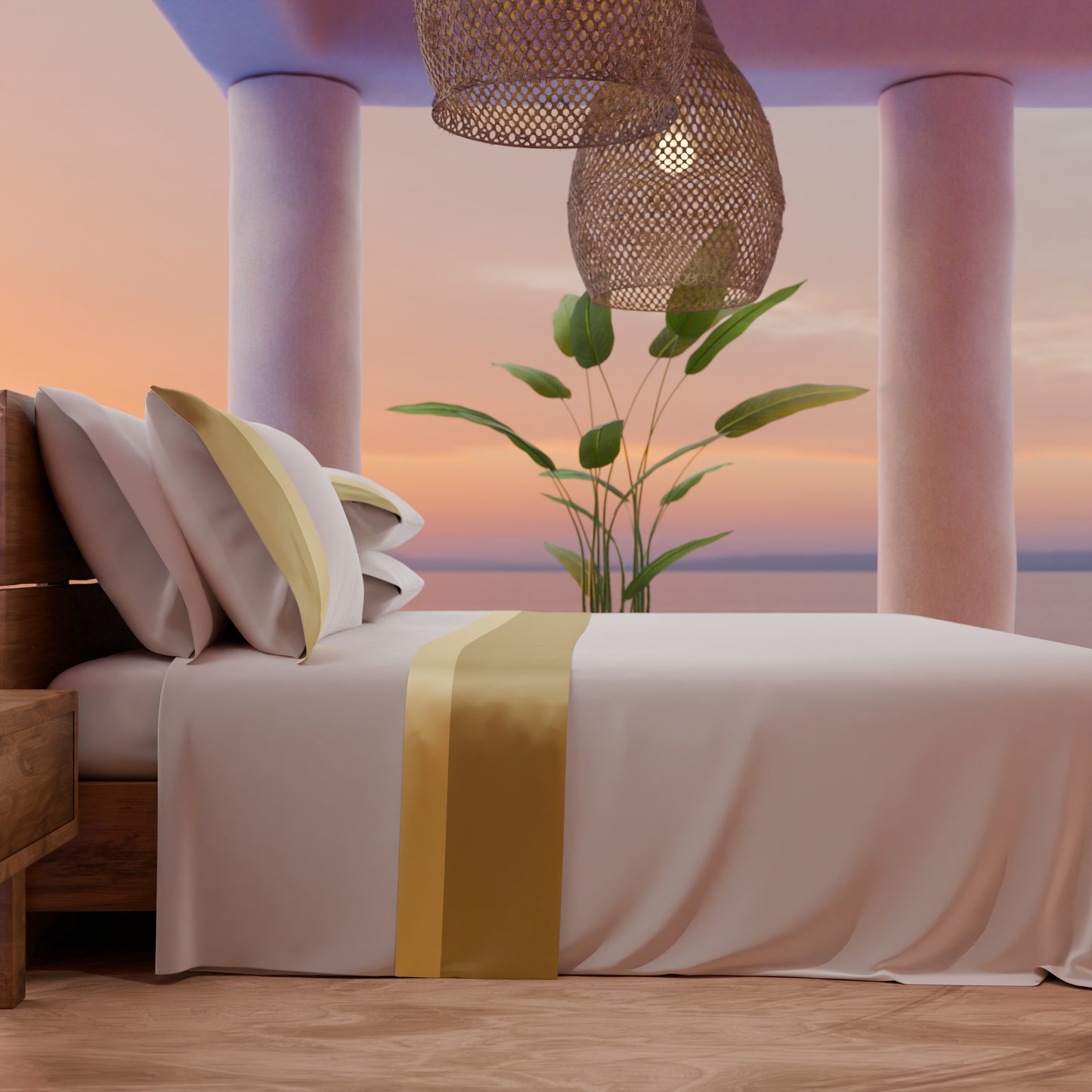 Draps doubles en pur coton percale avec double volant en satin - Or