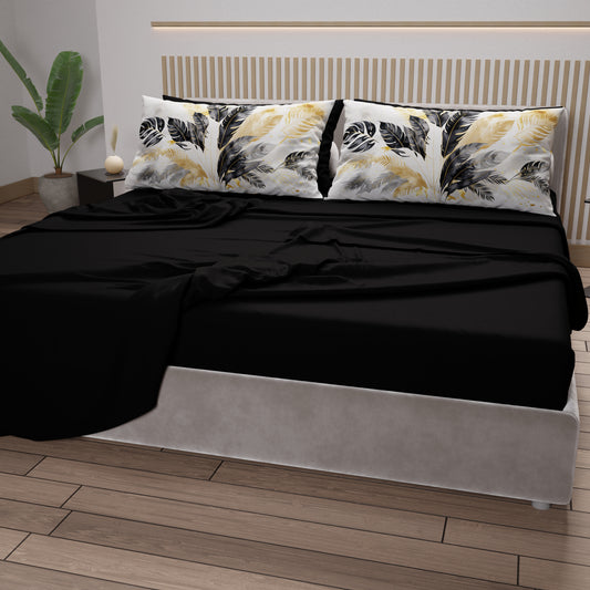 Lenzuola in Cotone, Completo Letto con Federe in Stampa Digitale Palmwater Nero