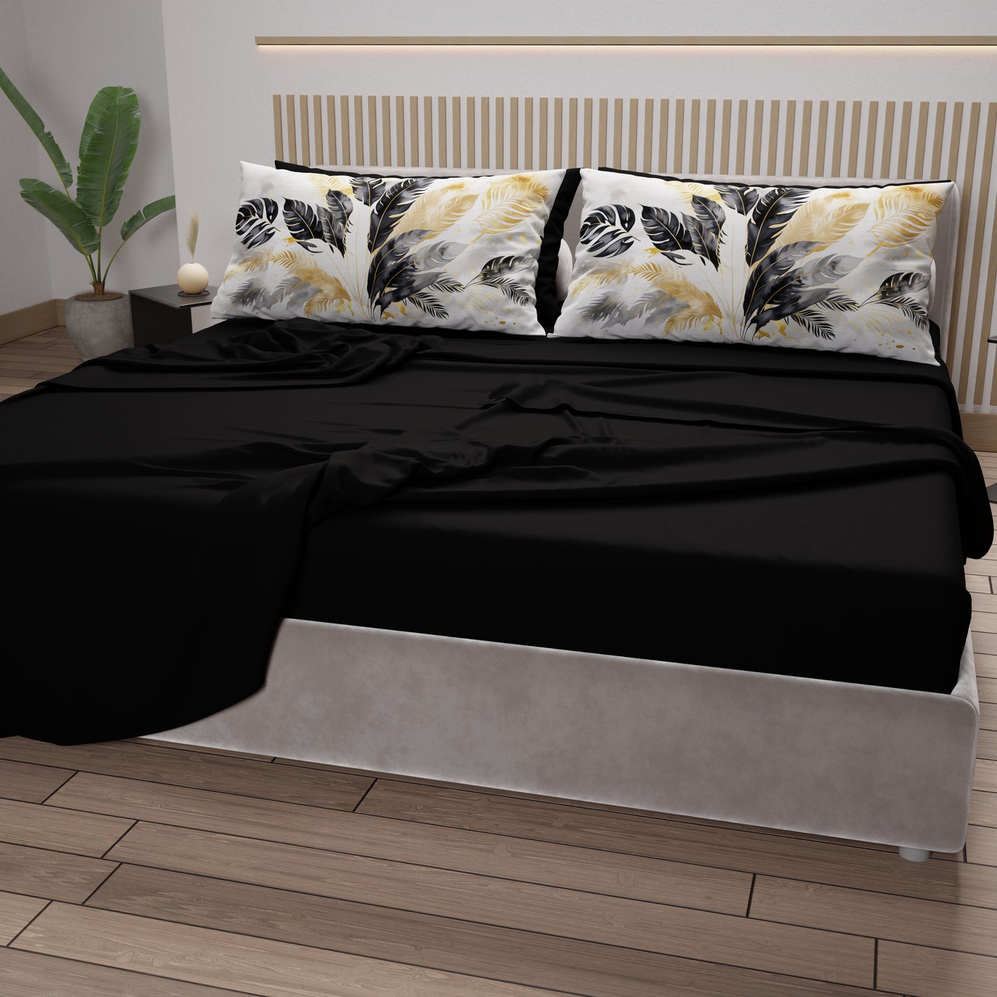 Draps en Coton, Parure de Lit avec Taies d'Oreiller en Impression Digitale Palmwater Noir
