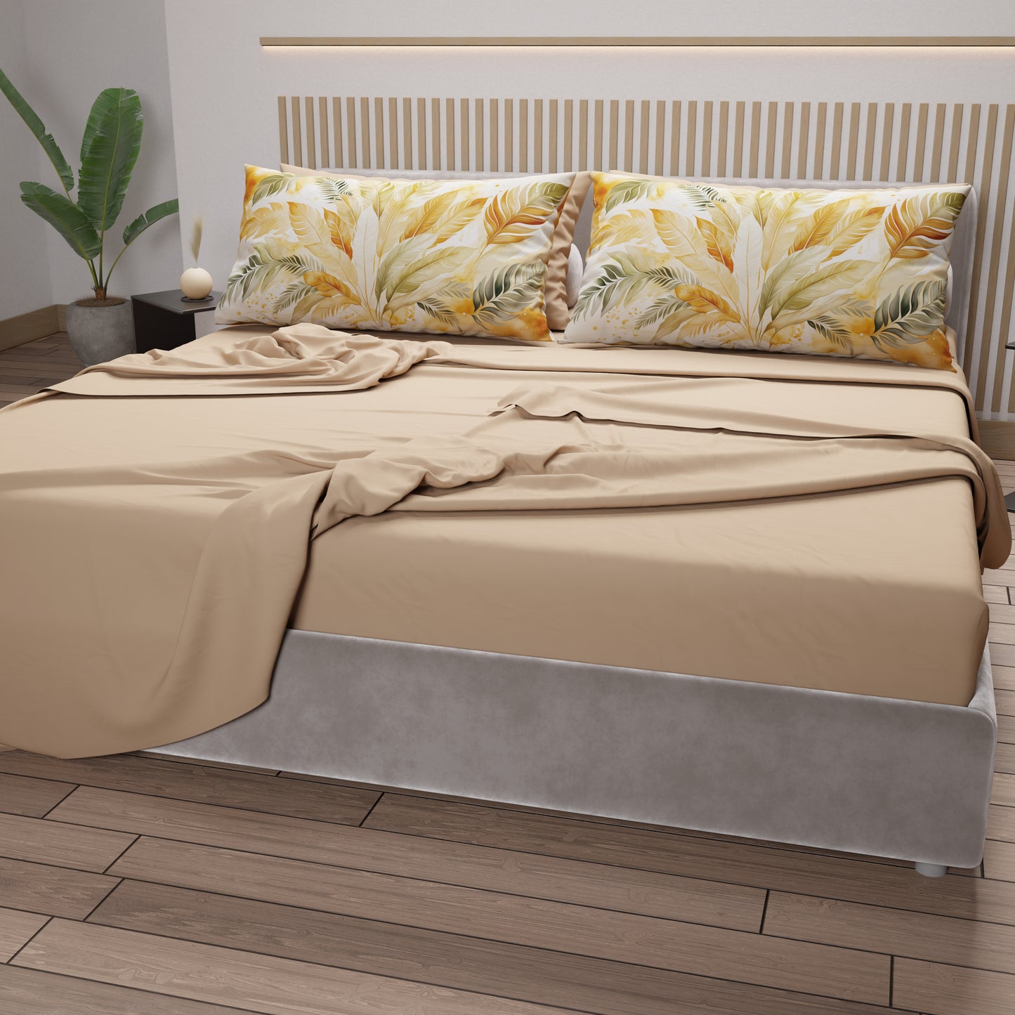 Lenzuola in Cotone, Completo Letto con Federe in Stampa Digitale Palmwater Oliva