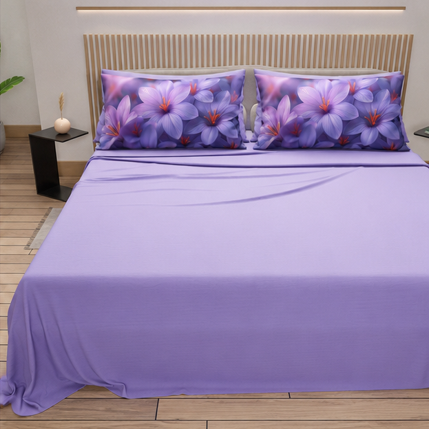 Lenzuola in Cotone, Completo Letto con Federe in Stampa Digitale Petalo 24 Lilla.
