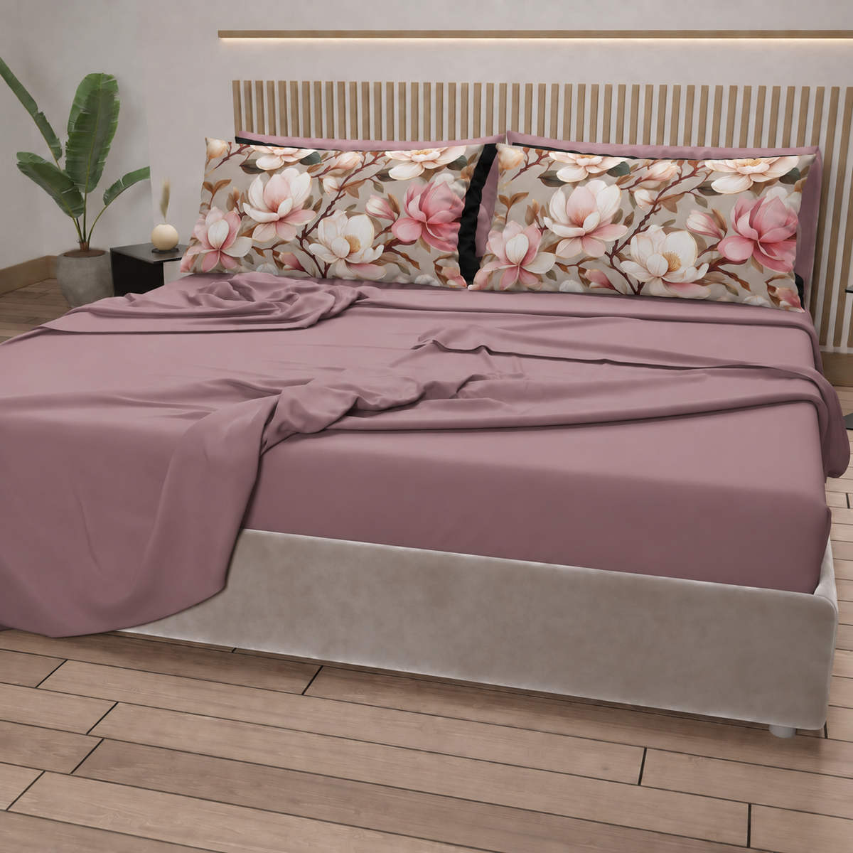 Lenzuola in Cotone, Completo Letto con Federe in Stampa Digitale Petalo 31 Cipria Scuro