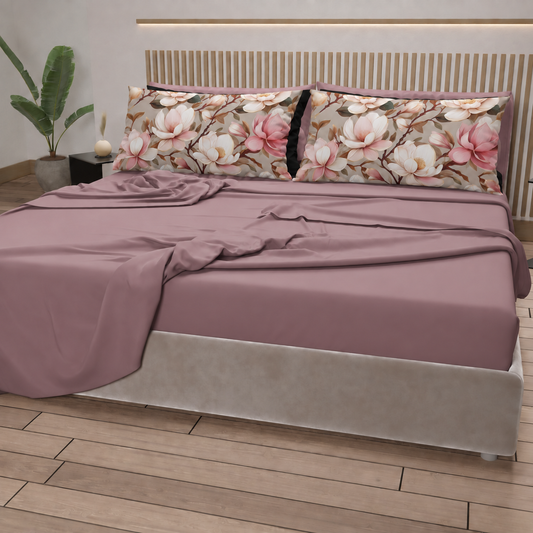 Lenzuola in Cotone, Completo Letto con Federe in Stampa Digitale Petalo 31 Cipria Scuro