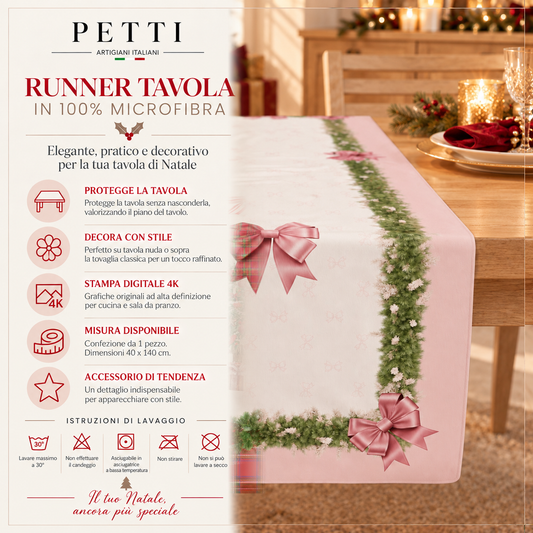 Runner Natalizi ,Runner Tavola Natalizio, Tovaglia Runner Natalizia, Runner Cucina Fiocco Rosa Piume