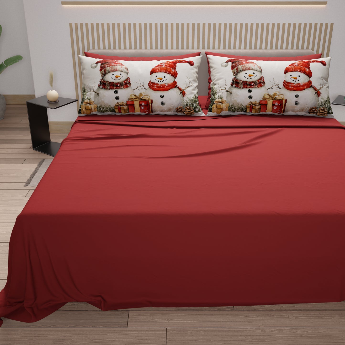 Draps de Noël en Coton, Parure de Lit avec Taies d'Oreiller en Impression Numérique Bonhomme de Neige 01