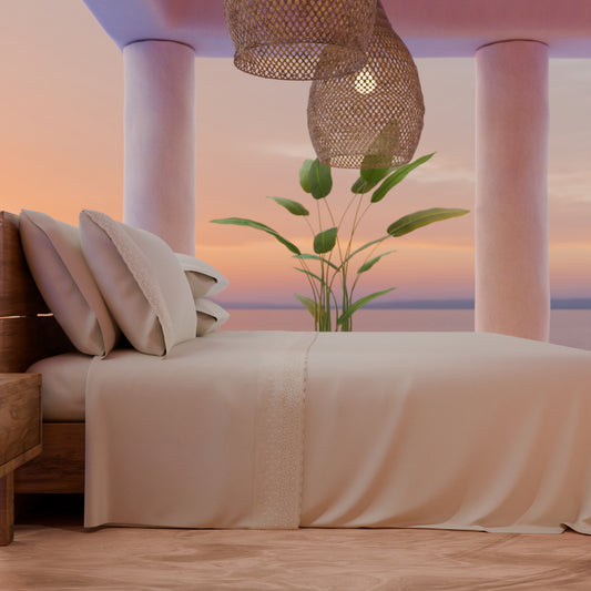 Draps doubles en pur coton percale avec volant en dentelle de San Gallo - Crème
