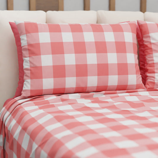 Lenzuolo Copriletto e Federe in Microfibra A Quadretti Rosso.