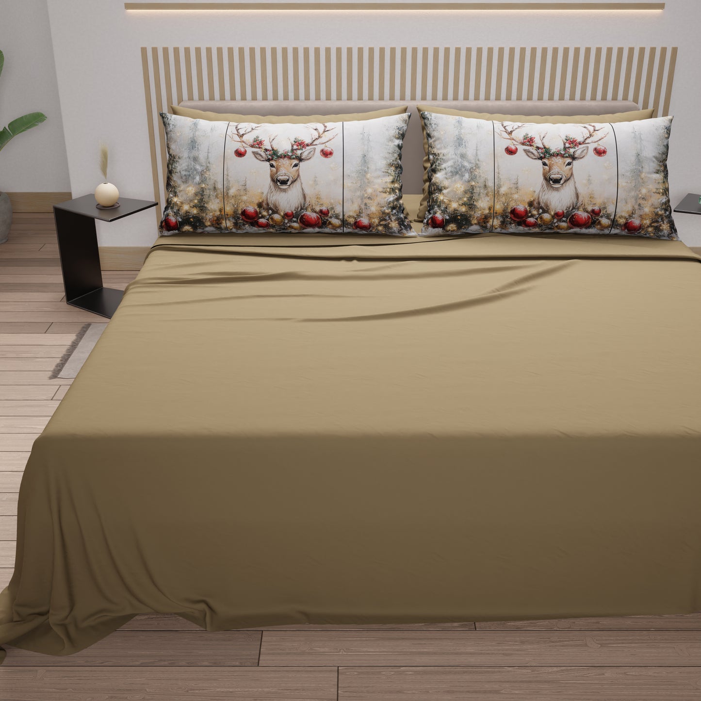 Draps de Noël en Coton, Parure de Lit avec Taies d'Oreiller en Impression Numérique Renne