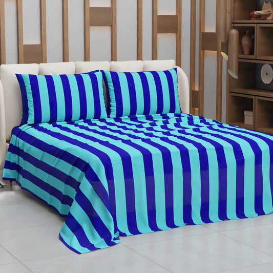 Lenzuolo Copriletto e Federe in Microfibra Righe Celeste/Blu Elettrico.