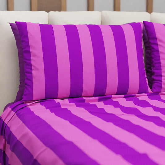 Lenzuolo Copriletto e Federe in Microfibra Righe Fucsia/Viola.