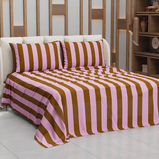 Lenzuolo Copriletto e Federe in Microfibra Righe Marrone/Rosa.