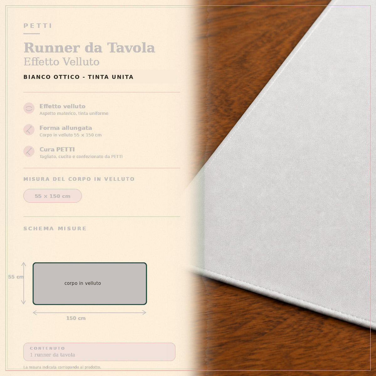 Runner da tavola effetto velluto Bianco Ottico, 55 × 150 cm — scheda misure e contenuto