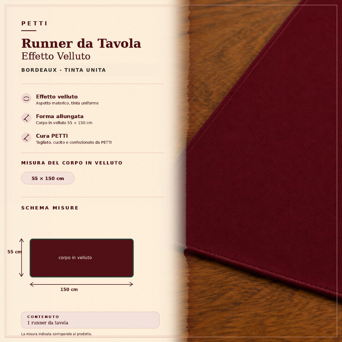 Runner da tavola effetto velluto Bordeaux, 55 × 150 cm — scheda misure e contenuto